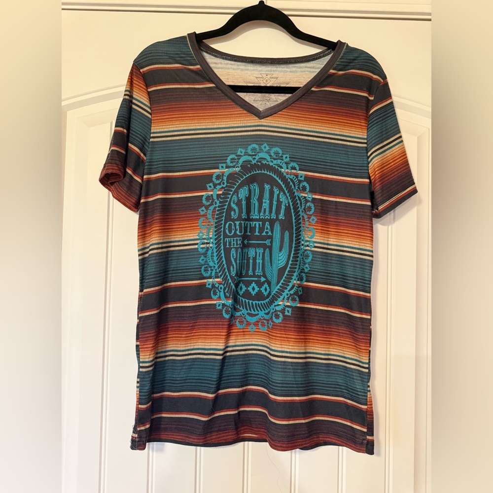 Crazy Train Strait Outta The South‎ Serape Stripe V-Neck Graphic T-Shirt Small